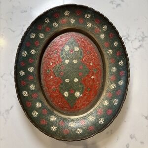 VTG Etched Brass &‎ Enamel Colors of Red, Green & White Made In India  "9 X 7.5"